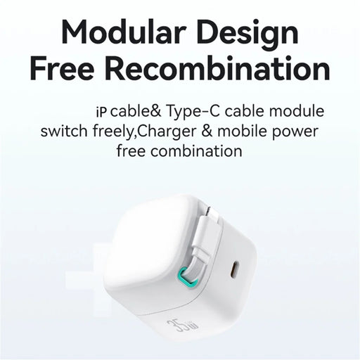 USAMS US-CC211 PD 35W Dual Output GaN Fast Charger with iP Magnetic Retractable Cable Module - White / UK Plug - 2