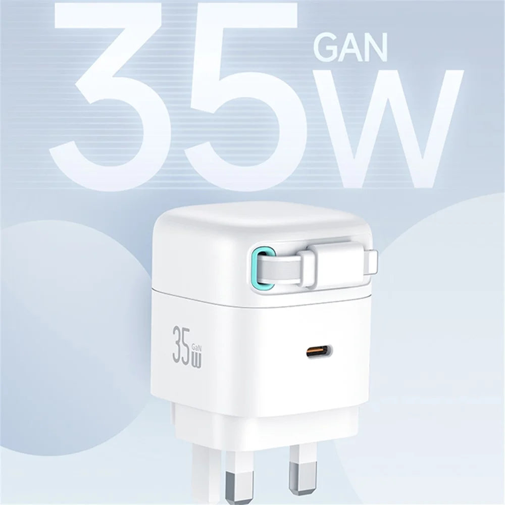 USAMS US-CC211 PD 35W Dual Output GaN Fast Charger with iP Magnetic Retractable Cable Module - White / UK Plug - 3