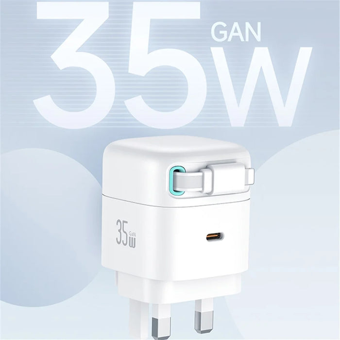 USAMS US-CC211 PD 35W Dual Output GaN Fast Charger with iP Magnetic Retractable Cable Module - White / UK Plug - 3