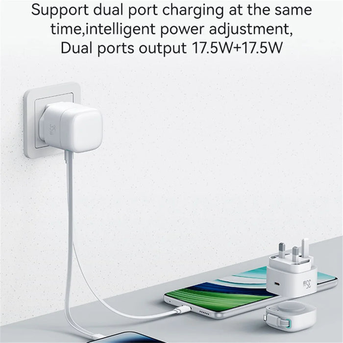 USAMS US-CC211 PD 35W Dual Output GaN Fast Charger with iP Magnetic Retractable Cable Module - White / UK Plug - 4