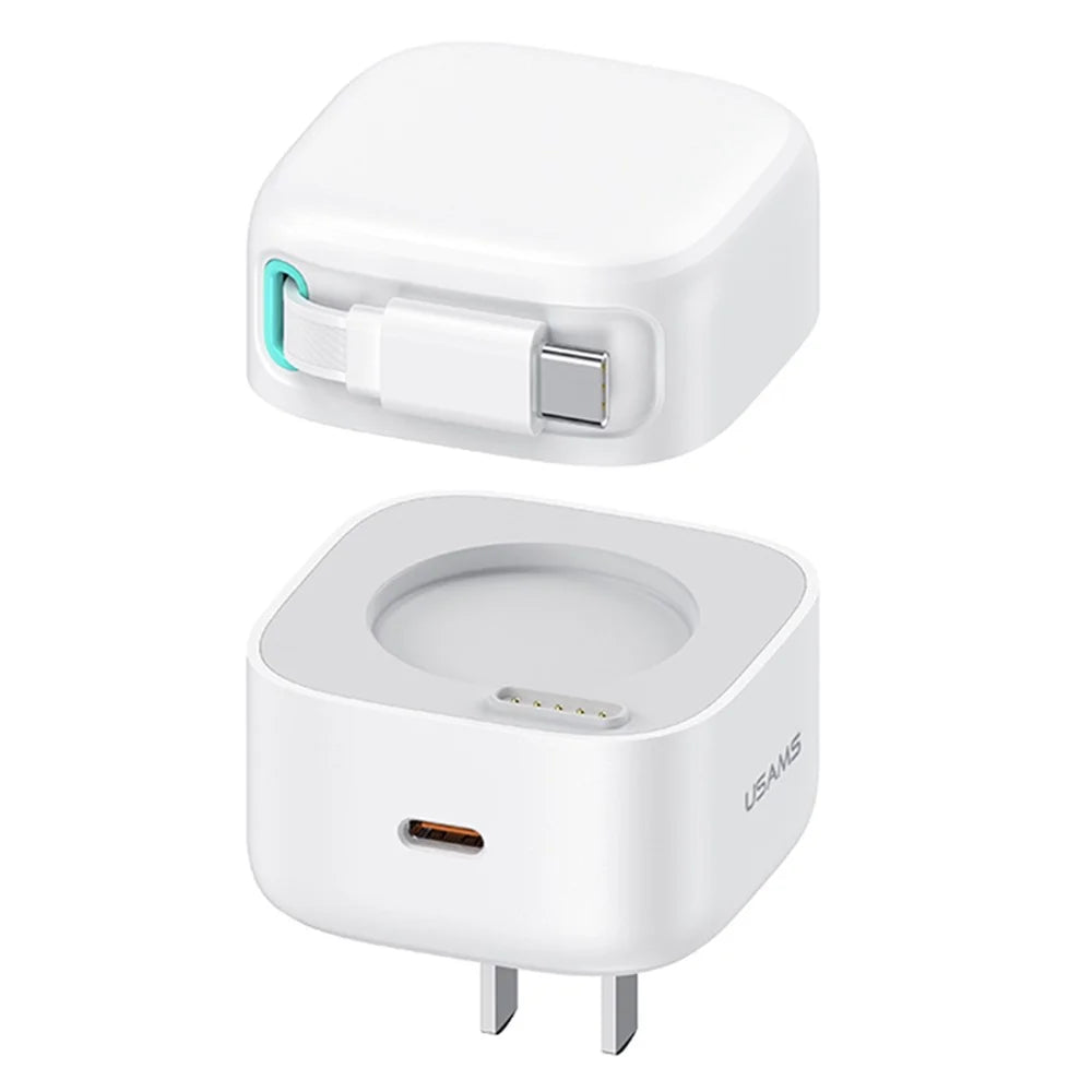 USAMS US-CC205 PD 35W GaN Fast Charger Dual USB-C Port Power Adapter with Magnetic Retractable Type-C Cable - White / CN Standard Plug - 1