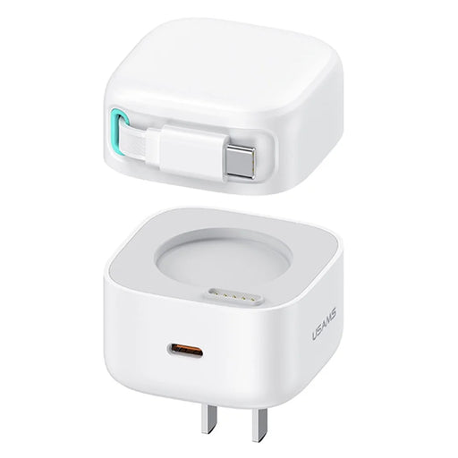 USAMS US-CC205 PD 35W GaN Fast Charger Dual USB-C Port Power Adapter with Magnetic Retractable Type-C Cable - White / CN Standard Plug - 1