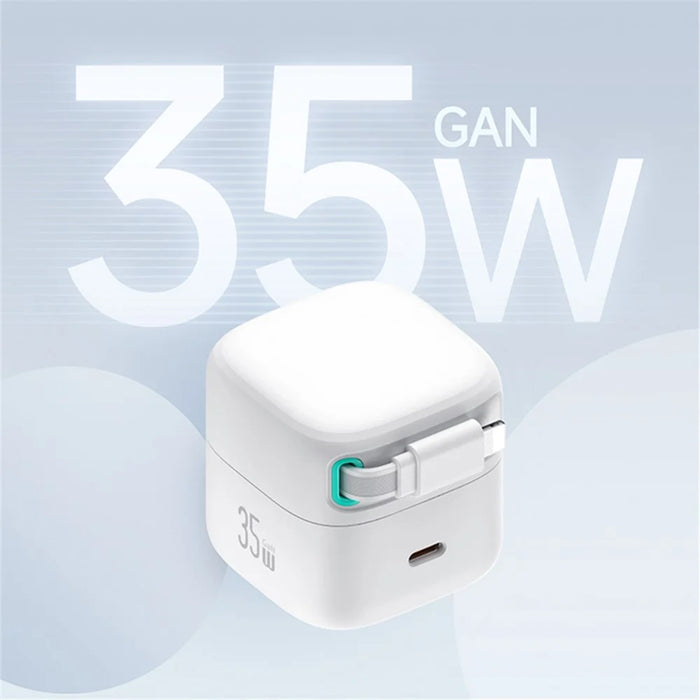 USAMS US-CC205 PD 35W GaN Fast Charger Dual USB-C Port Power Adapter with Magnetic Retractable Type-C Cable - White / CN Standard Plug - 3