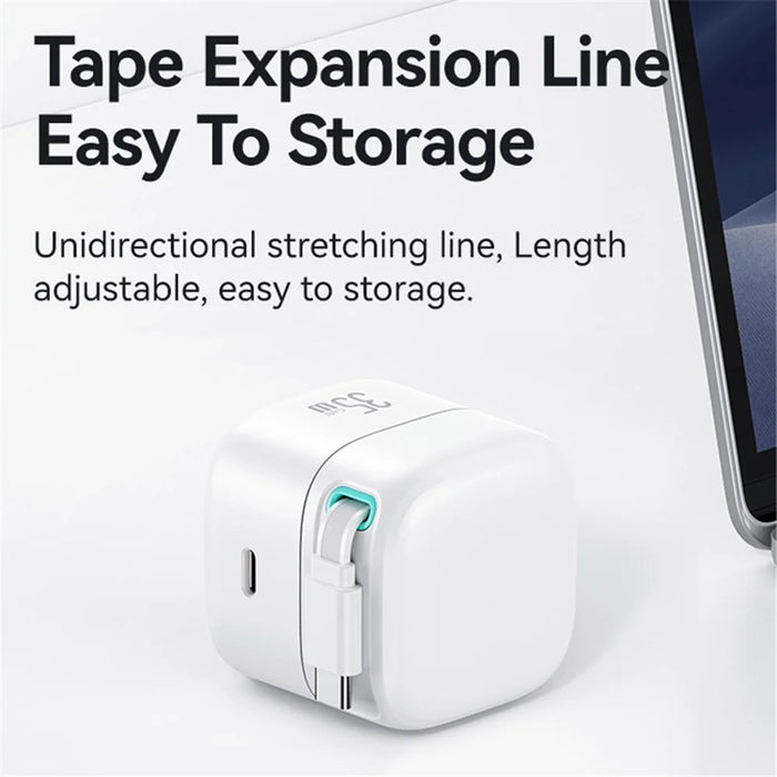 USAMS US-CC205 PD 35W GaN Fast Charger Dual USB-C Port Power Adapter with Magnetic Retractable Type-C Cable - White / CN Standard Plug - 5