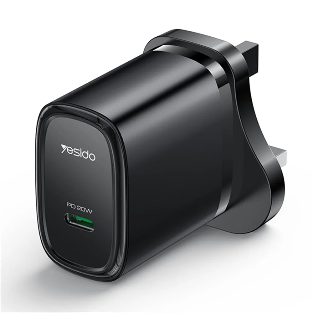 YESIDO UK Plug PD 20W Single Type-C Powerport Block Charger Compact Wall Charger - Black - 1
