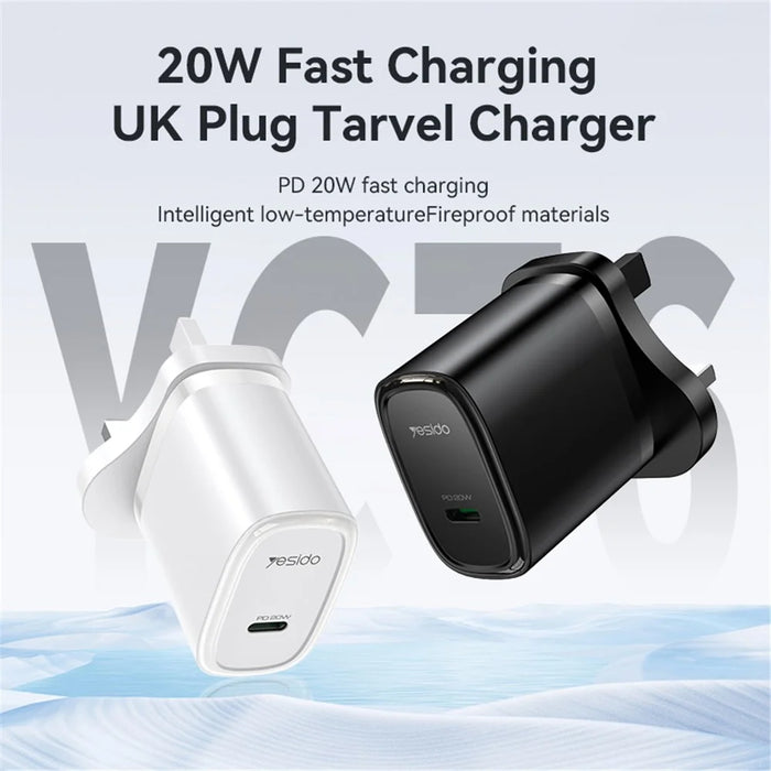 YESIDO UK Plug PD 20W Single Type-C Powerport Block Charger Compact Wall Charger - Black - 5