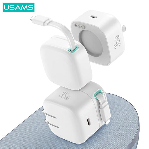 USAMS US-CC212 XMF Series PD 35W GaN Fast Charger with 8Pin Magnetic Retractable Cable Module, CN Plug - White - 2