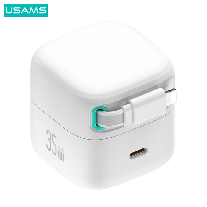 USAMS US-CC212 XMF Series PD 35W GaN Fast Charger with 8Pin Magnetic Retractable Cable Module, CN Plug - White - 3