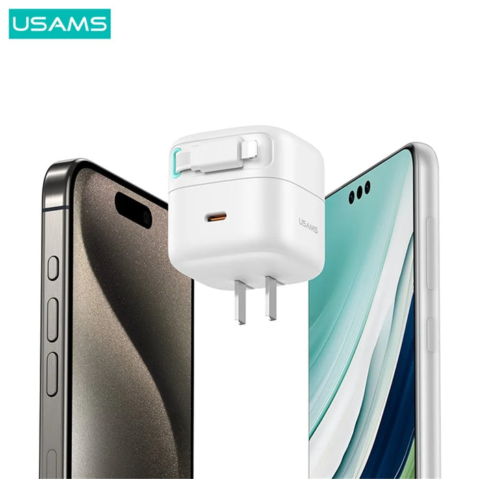 USAMS US-CC212 XMF Series PD 35W GaN Fast Charger with 8Pin Magnetic Retractable Cable Module, CN Plug - White - 4