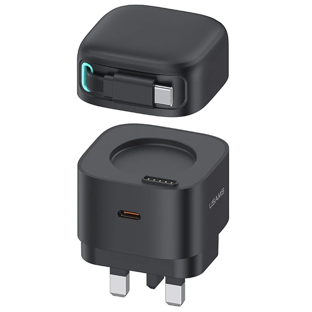 USAMS US-CC204 XMF Series PD 35W Dual Output GaN Fast Charger with Type-C Magnetic Retractable Cable Module, UK Plug - Black - 1