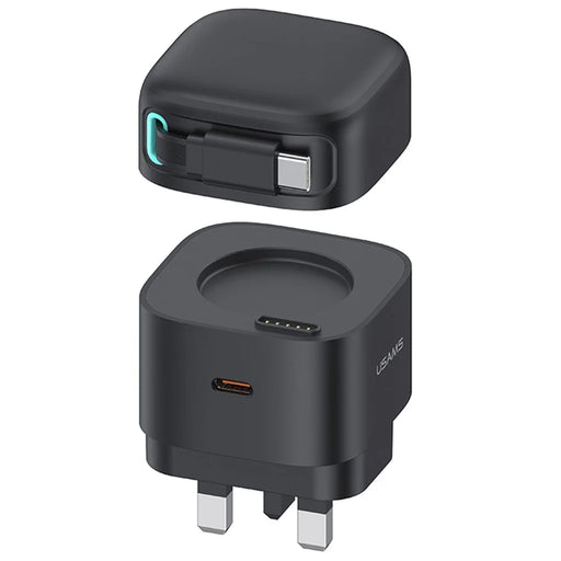 USAMS US-CC204 XMF Series PD 35W Dual Output GaN Fast Charger with Type-C Magnetic Retractable Cable Module, UK Plug - Black - 1
