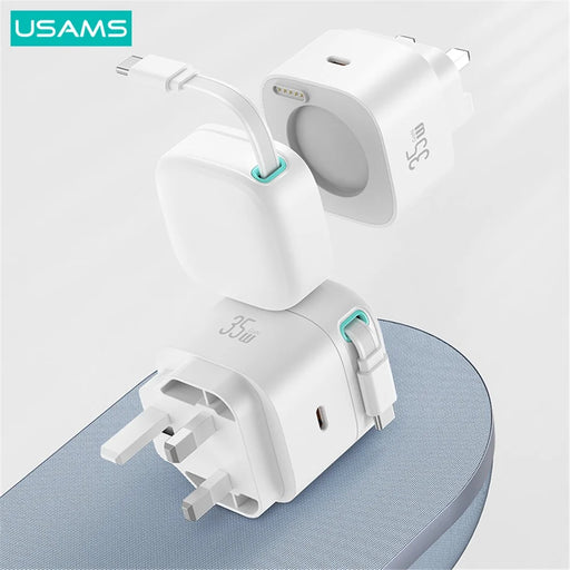 USAMS US-CC204 XMF Series PD 35W Dual Output GaN Fast Charger with Type-C Magnetic Retractable Cable Module, UK Plug - Black - 2