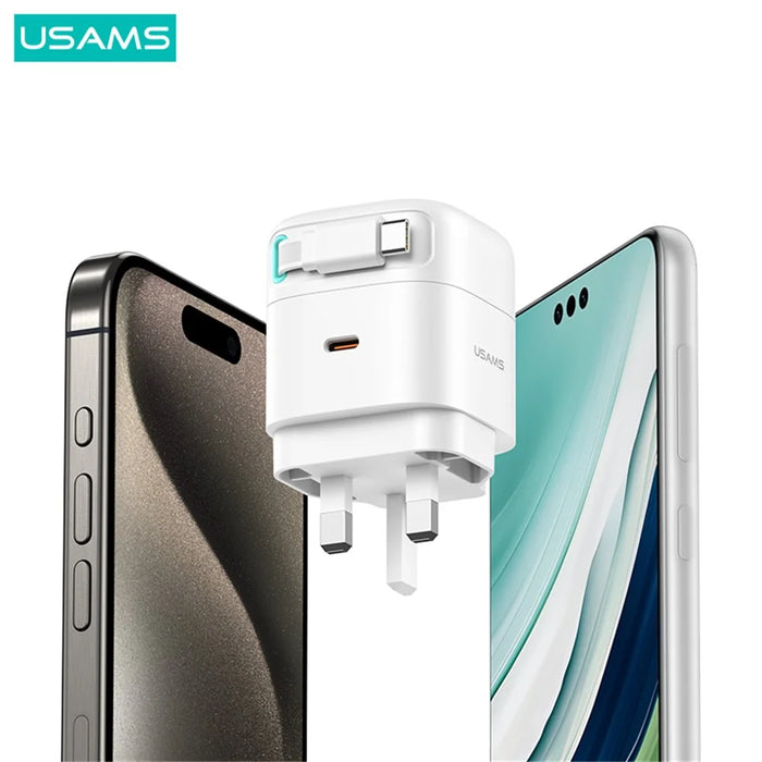USAMS US-CC204 XMF Series PD 35W Dual Output GaN Fast Charger with Type-C Magnetic Retractable Cable Module, UK Plug - Black - 4