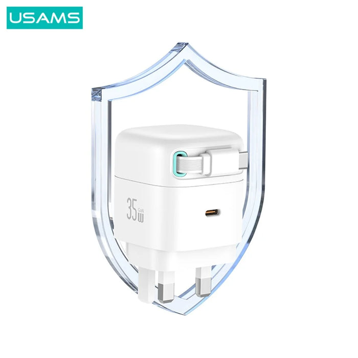 USAMS US-CC204 XMF Series PD 35W Dual Output GaN Fast Charger with Type-C Magnetic Retractable Cable Module, UK Plug - Black - 5