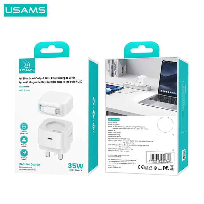 USAMS US-CC204 XMF Series PD 35W Dual Output GaN Fast Charger with Type-C Magnetic Retractable Cable Module, UK Plug - Black - 7