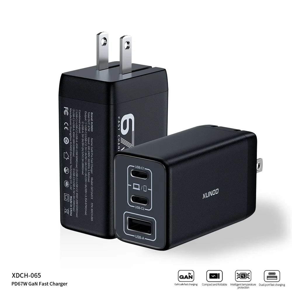 XUNDD XDCH-065 67W Fast Charging GaN Wall Charger USB-A+2xType-C Power Adapter - US Plug - 2