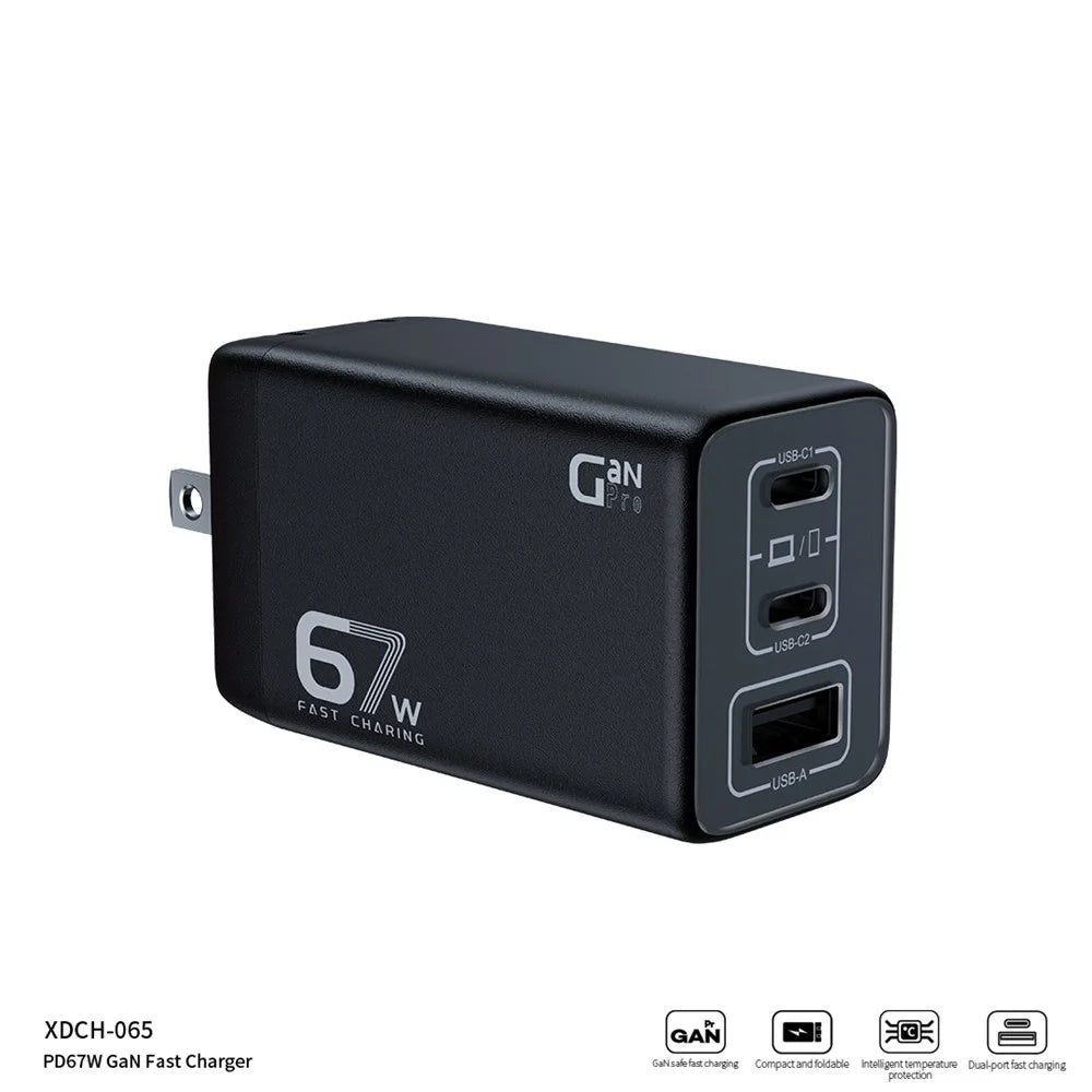 XUNDD XDCH-065 67W Fast Charging GaN Wall Charger USB-A+2xType-C Power Adapter - US Plug - 3