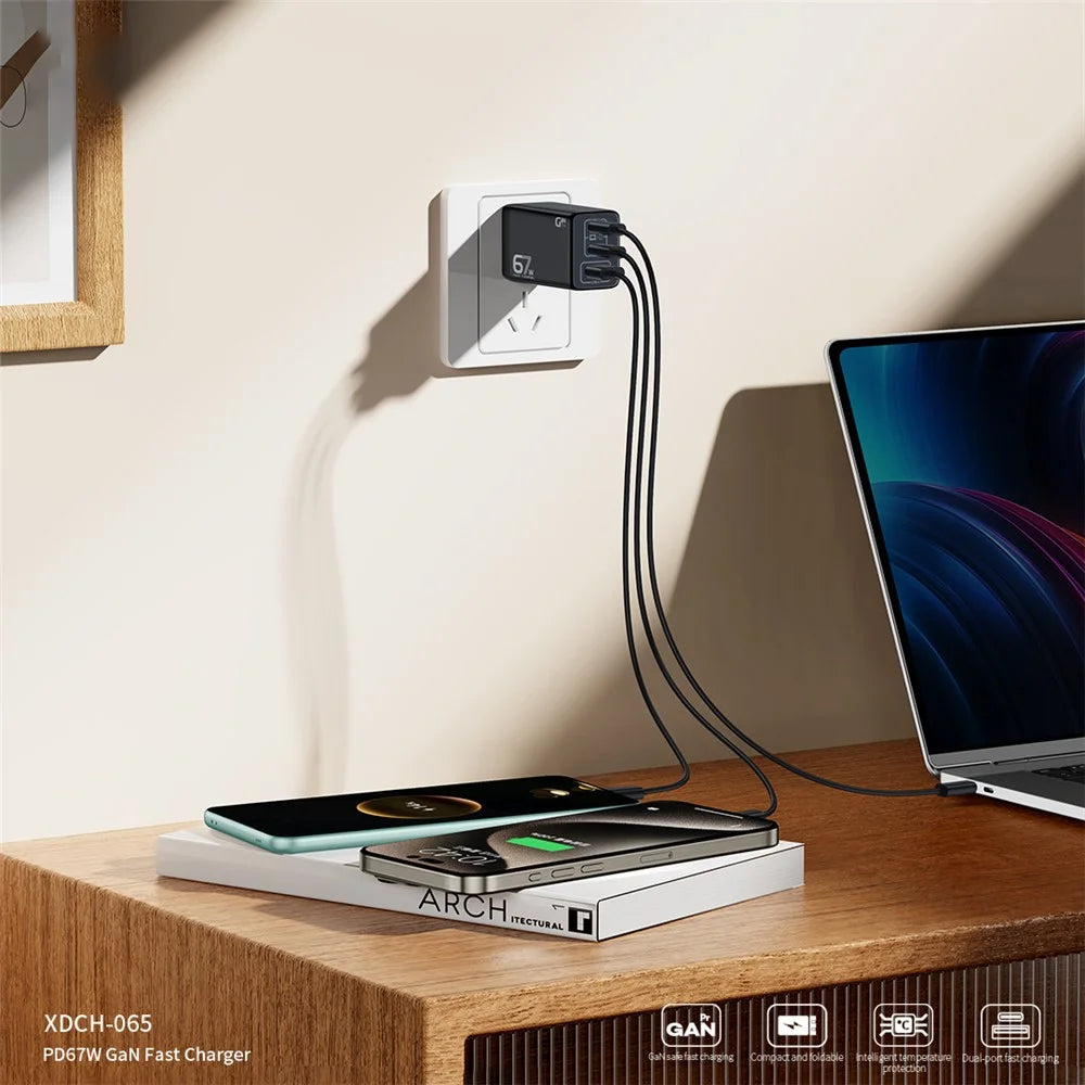 XUNDD XDCH-065 67W Fast Charging GaN Wall Charger USB-A+2xType-C Power Adapter - US Plug - 4