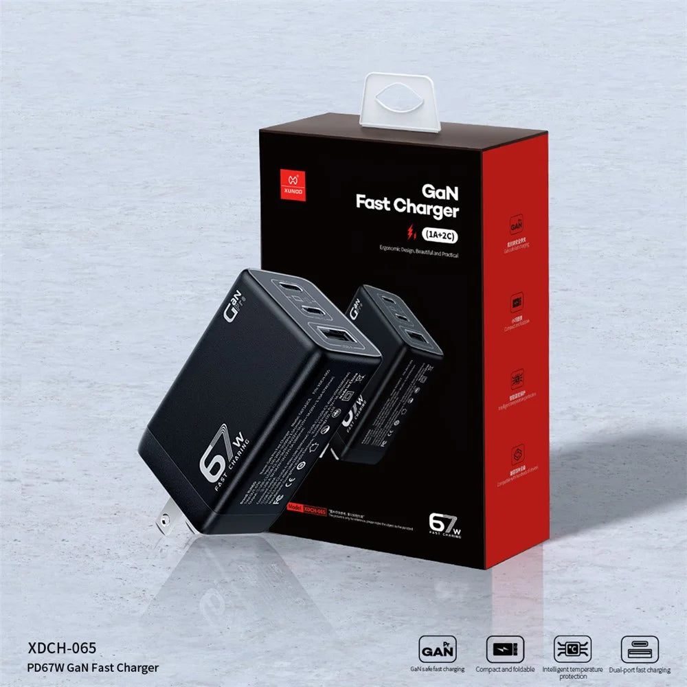 XUNDD XDCH-065 67W Fast Charging GaN Wall Charger USB-A+2xType-C Power Adapter - US Plug - 5