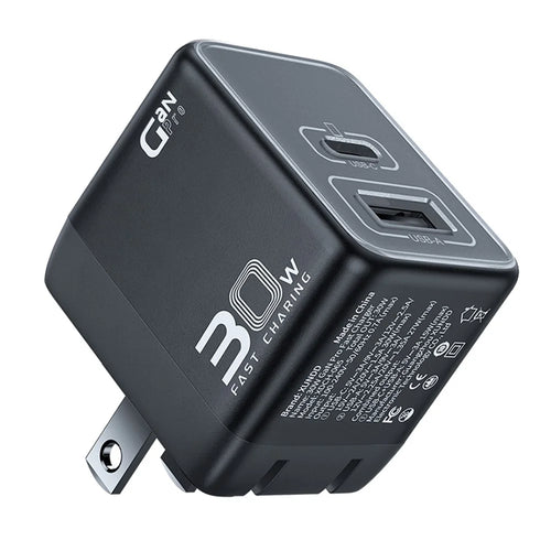 XUNDD XDCH-065 Type-C+USB-A 30W Fast Charging Block Portable GaN Power Adapter - US Plug - 1