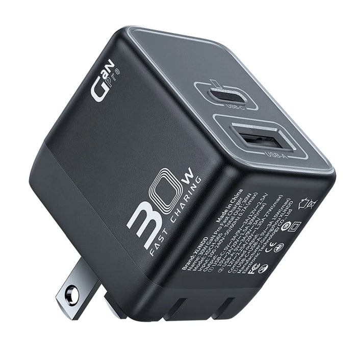 XUNDD XDCH-065 Type-C+USB-A 30W Fast Charging Block Portable GaN Power Adapter - US Plug - 1