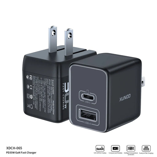 XUNDD XDCH-065 Type-C+USB-A 30W Fast Charging Block Portable GaN Power Adapter - US Plug - 2