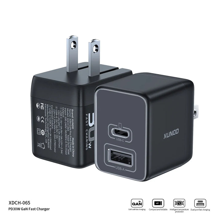 XUNDD XDCH-065 Type-C+USB-A 30W Fast Charging Block Portable GaN Power Adapter - US Plug - 2