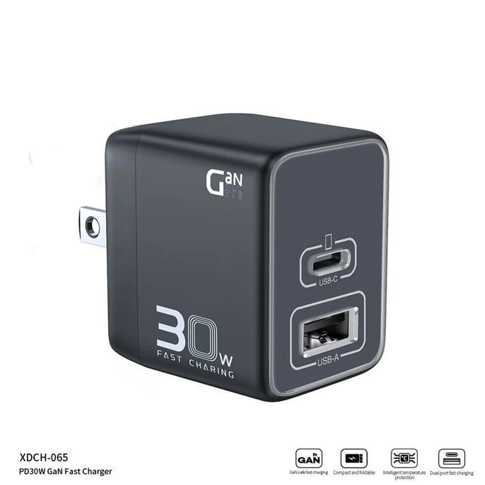 XUNDD XDCH-065 Type-C+USB-A 30W Fast Charging Block Portable GaN Power Adapter - US Plug - 3