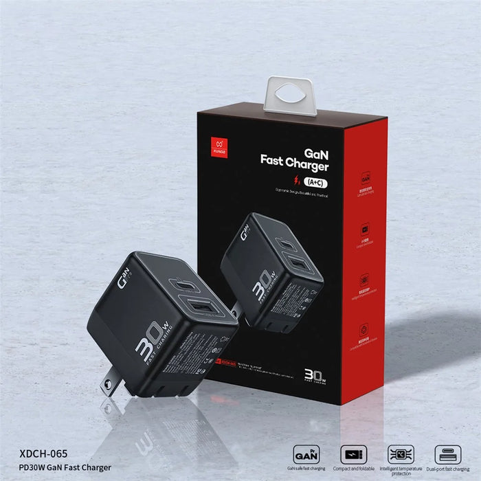 XUNDD XDCH-065 Type-C+USB-A 30W Fast Charging Block Portable GaN Power Adapter - US Plug - 4