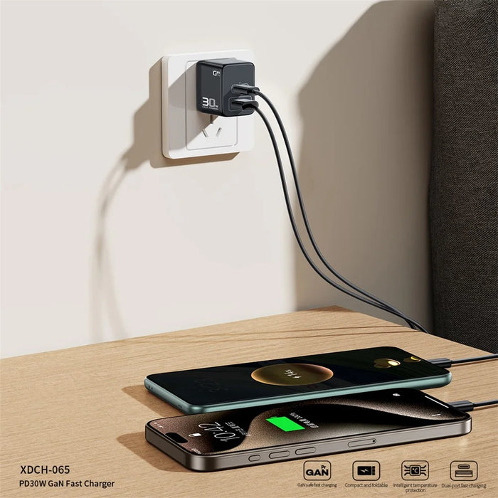 XUNDD XDCH-065 Type-C+USB-A 30W Fast Charging Block Portable GaN Power Adapter - US Plug - 5