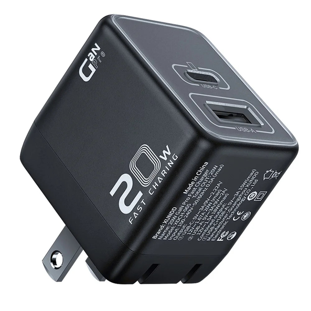 XUNDD XDCH-065 20W Fast Charging Block Type-C+USB-A GaN Power Adapter - US Plug - 1