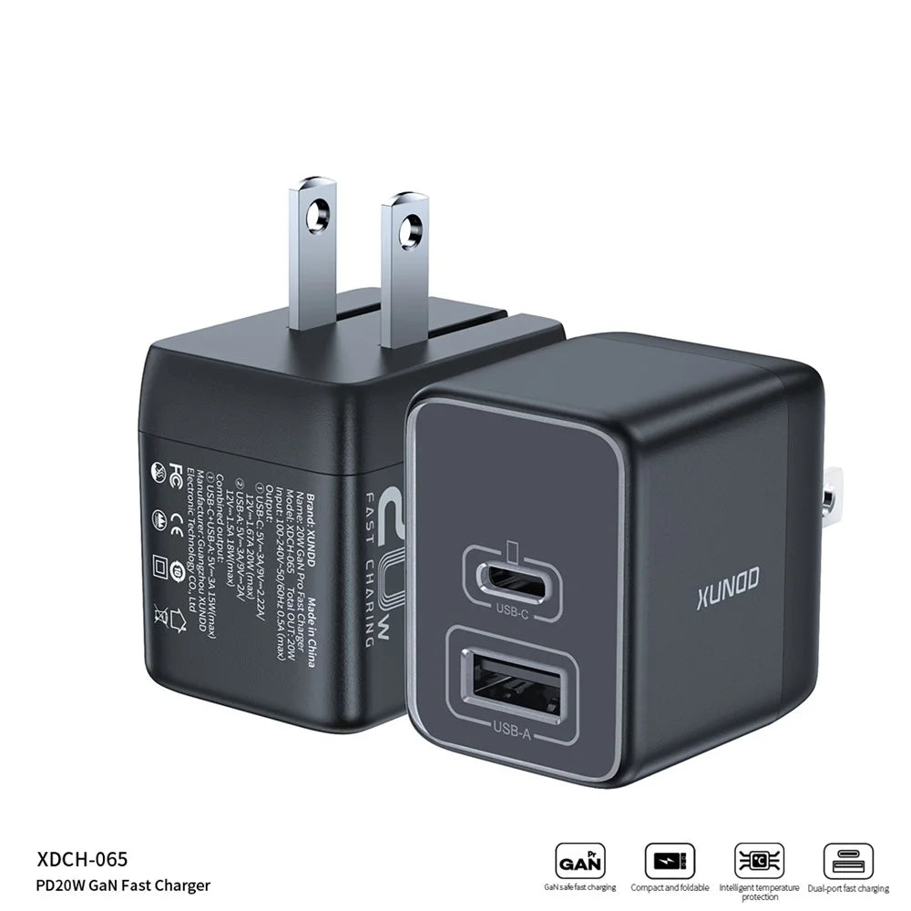 XUNDD XDCH-065 20W Fast Charging Block Type-C+USB-A GaN Power Adapter - US Plug - 2