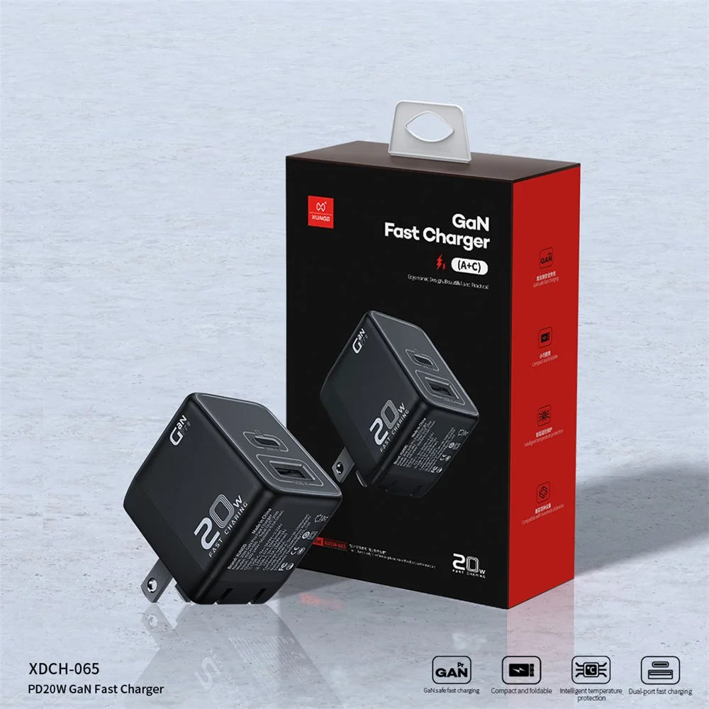 XUNDD XDCH-065 20W Fast Charging Block Type-C+USB-A GaN Power Adapter - US Plug - 5