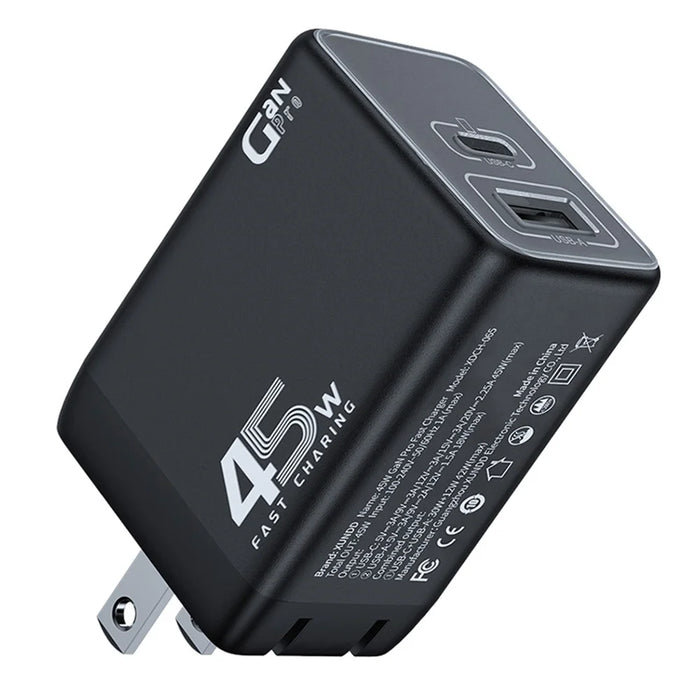 XUNDD XDCH-065 GaN Power Adapter Type-C+USB-A Dual Port 45W Fast Charging Block - US Plug - 1