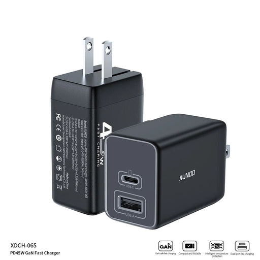 XUNDD XDCH-065 GaN Power Adapter Type-C+USB-A Dual Port 45W Fast Charging Block - US Plug - 2