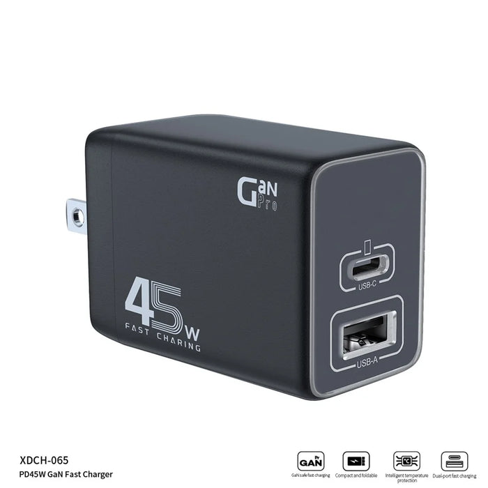 XUNDD XDCH-065 GaN Power Adapter Type-C+USB-A Dual Port 45W Fast Charging Block - US Plug - 3