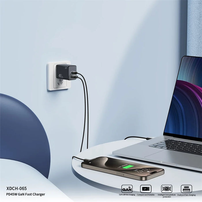 XUNDD XDCH-065 GaN Power Adapter Type-C+USB-A Dual Port 45W Fast Charging Block - US Plug - 4