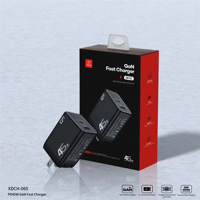 XUNDD XDCH-065 GaN Power Adapter Type-C+USB-A Dual Port 45W Fast Charging Block - US Plug - 5