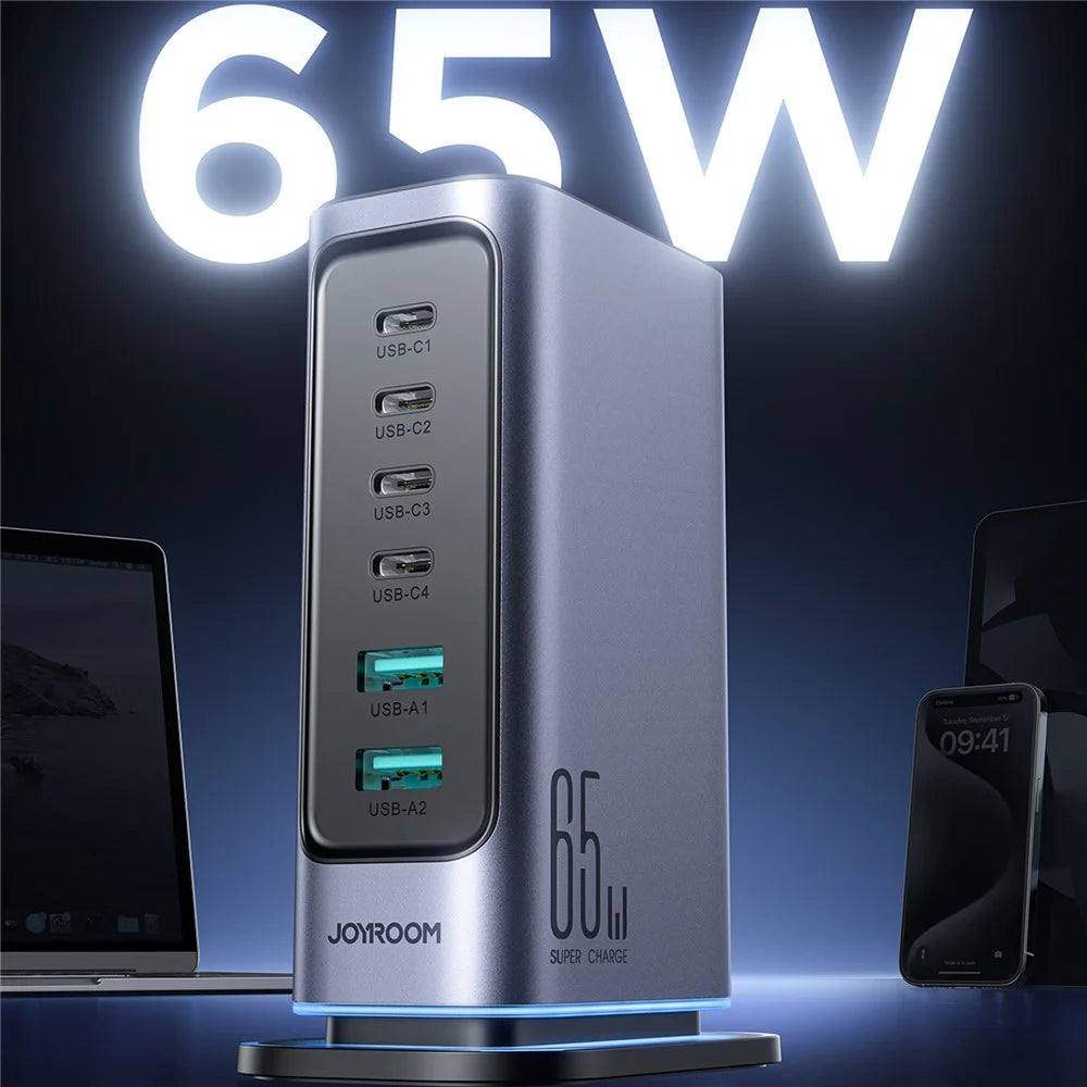 JOYROOM TCM02 65W 6-Port USB Desktop Charger GaN Fast Charging Station Hub - EU Plug - 2