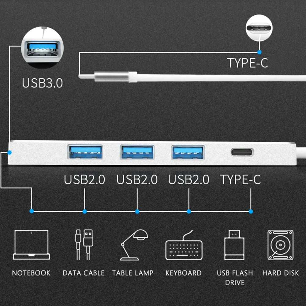 ADS-301C Type-C Hub USB Ports Expander to USB-C+USB 3.0+3xUSB 2.0 - Silver - 4