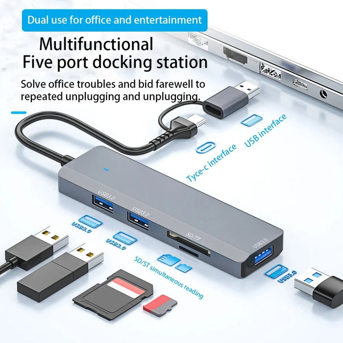 ADS-310D 2-in-1 Type-C + USB-A to 3x USB 3.0 Hub Splitter with SD / TF Card Slot - 5