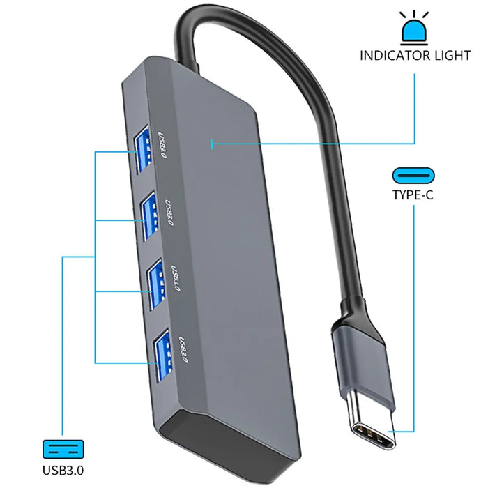 ADS-305C Type-C to 4 X USB3.0 USB Hub Splitter Aluminum Alloy Laptop Phone Adapter - 4