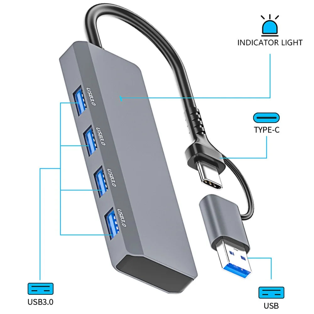 ADS-305D USB / Type-C to 4 USB3.0 Ports Docking Station USB Hub Aluminum Alloy Computer Laptop Adapter - 5