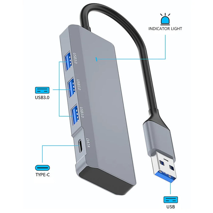ADS-309A USB to 3 USB3.0 + 1 Type-C Data Transfer Docking Station USB Hub Aluminum Alloy Adapter - 4