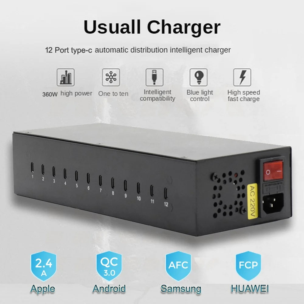 12-Port Type-C Desktop Charger 20W Fast Charging Station for Cellphone / Tablet / Laptop - US Plug - 5