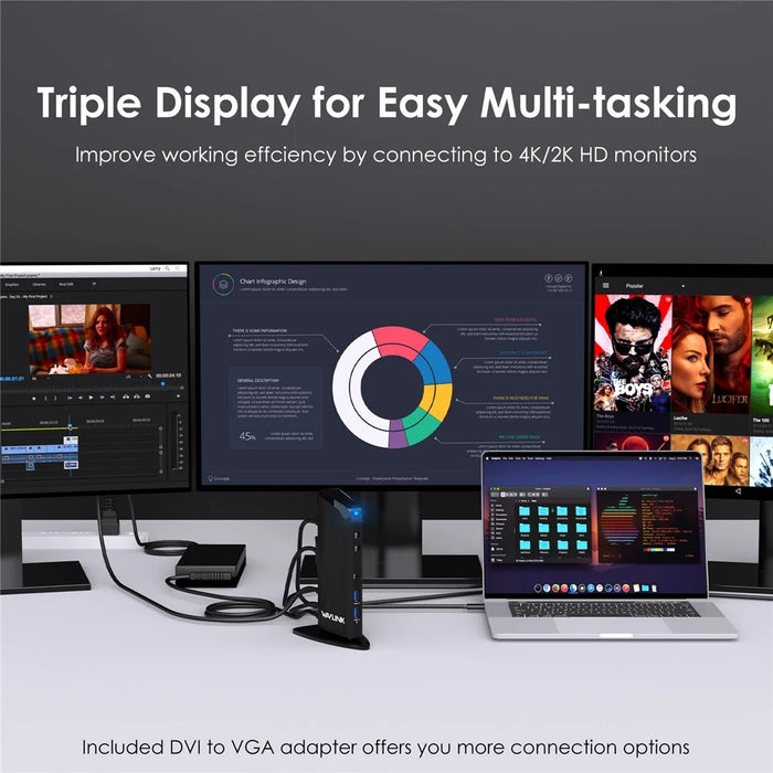 WAVLINK UG39PD1 13-in-1 USB C Docking Station Triple Monitors 4K HD Compatible for Windows / Mac OS - US Plug - 3