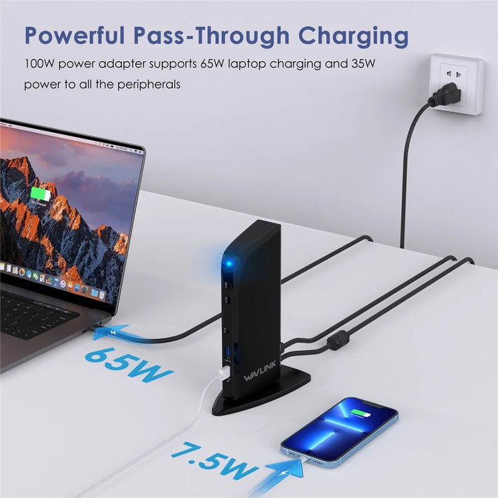 WAVLINK UG39PD1 13-in-1 USB C Docking Station Triple Monitors 4K HD Compatible for Windows / Mac OS - US Plug - 5