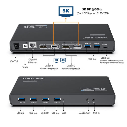 WAVLINK UG69PD6 USB-C Dual 4K Laptop Docking Station 5K / 60Hz HD Displaylink 65 / 100W PD Charging for Windows Mac OS - US Plug - 2