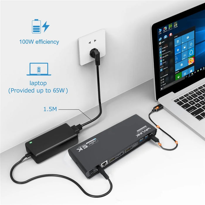 WAVLINK UG69PD6 USB-C Dual 4K Laptop Docking Station 5K / 60Hz HD Displaylink 65 / 100W PD Charging for Windows Mac OS - US Plug - 5