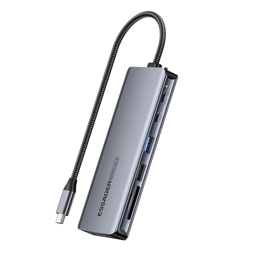 ESSAGER 7-in-1 Docking Station USB Hub Type-C to 2xUSB-C + USB3.2 + USB2.0 + SD / TF Card Slot + Hard Disk Enclosure - 1